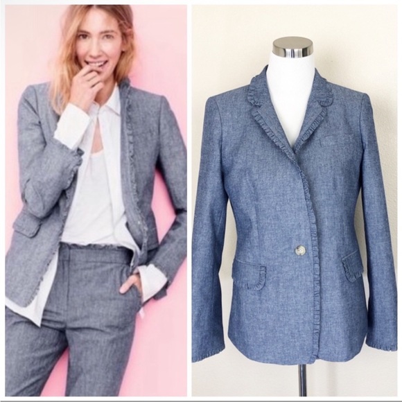 J. Crew Regent Ruffle Chambray Blue Blazer Classic Tailored Fit Career Work Sz10 - Picture 1 of 11